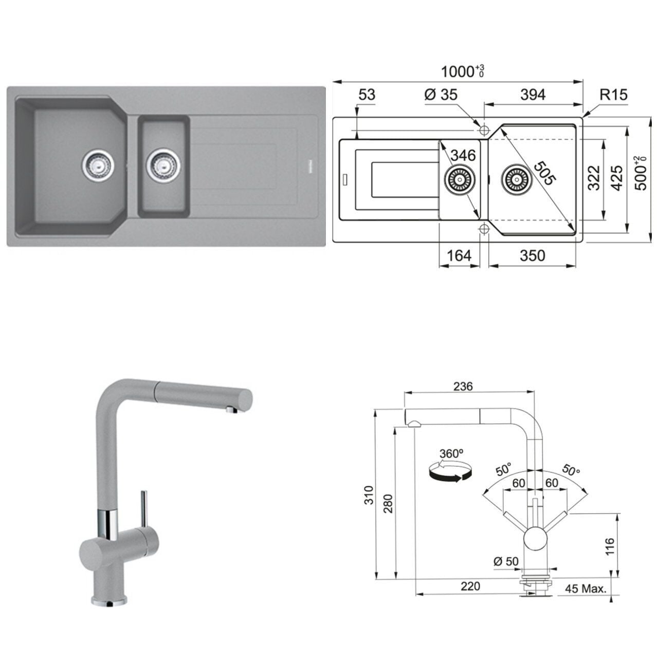 FRANKE URBAN UBG 651-100 1,5 GÖZLÜ GREY EVYE ARMATÜR KAMPANYASI