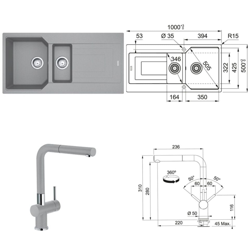 FRANKE URBAN UBG 651-100 1,5 GÖZLÜ GREY EVYE ARMATÜR KAMPANYASI