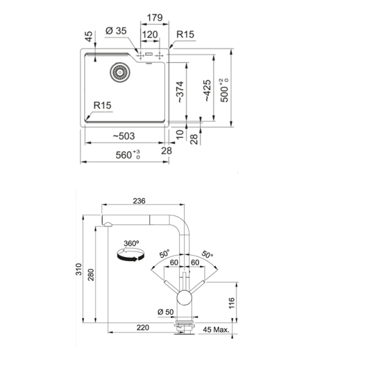 FRANKE URBAN UBG 610-56 TEK GÖZLÜ NERO GRANİT EVİYE