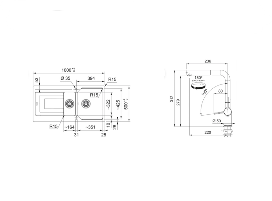 FRANKE  URBAN UBG 651-100 1,5 GÖZLÜ NERO GRANİT EVİYE